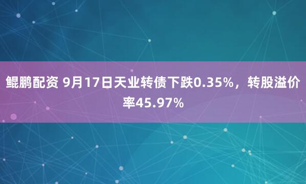 鲲鹏配资 9月17日天业转债下跌0.35%，转股溢价率45.97%
